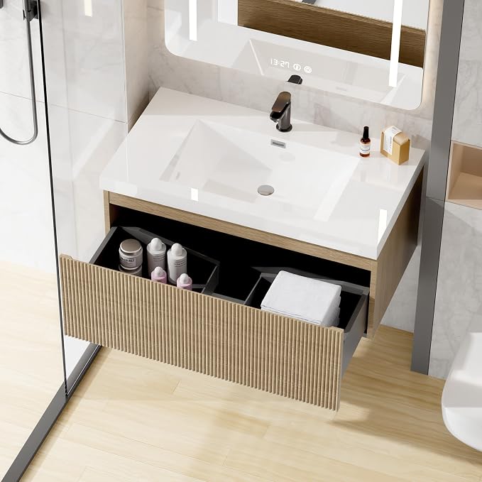36 Inch Floating Bathroom Vanity with Sink, Modern Oak Wall Mounted Floating Vanity with Glossy Resin Sink, Soft Closing Drawer, Fully Pre Assembled Bathroom Vanity, Natural Oak