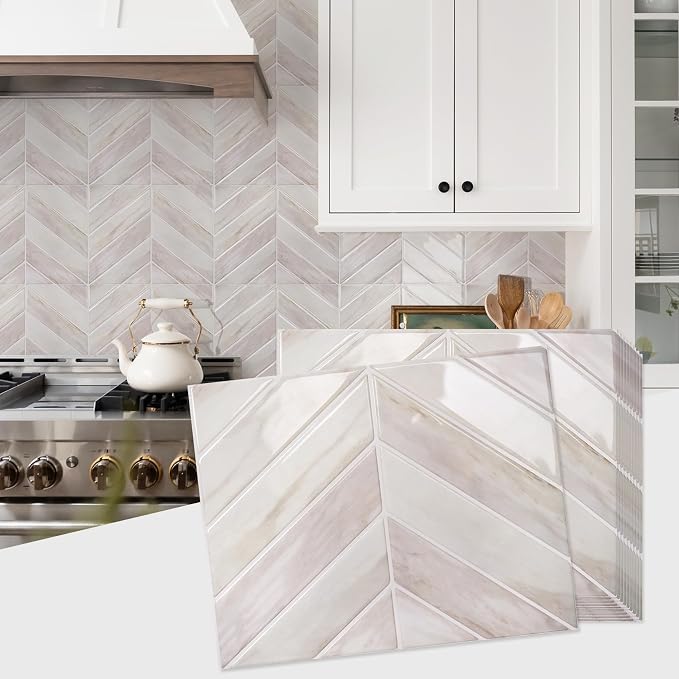 STICKGOO Herringbone Peel and Stick Backsplash, Eurasian Wood, 10 Sheets | 12.6 x 9.7 in, Thicker Rectangular Vinyl Stick-On Wall Tiles, Easy Alignment, Waterproof, Easy to Clean, Kitchen/Bathroom