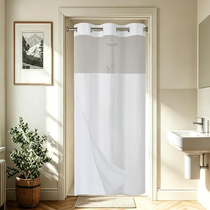 EUTXL Heavyweight No Hook Shower Curtain with Liner, White, 48x74 | Snap in Liner, Thick Waffle Fabric, Hotel Quality, Corner Magnets, Waterproof & Washable