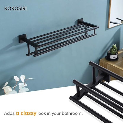 KOKOSIRI Bath Towel Rack with Double Towel Bars Bathroom Towel Shelf 20 Inch Towel Holder Wall Mounted Stainless Steel, Matte Black, B6005BK-L20