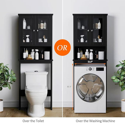 Over The Toilet Storage Cabinet for Bathroom, Black Storage Organizer Over Toilet, Space Saver with 2 Tempered Glass Doors, Black
