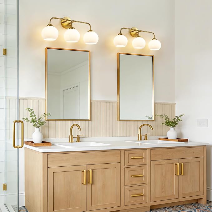 RUIYEY Bathroom Vanity Light Fixtures: 3-Lights Lantern Gold Vanity Lights for Bathroom, 23.6 Inch E26 60W Modern Bathroom Lighting Fixture with Milky White Glass for Bath Restroom