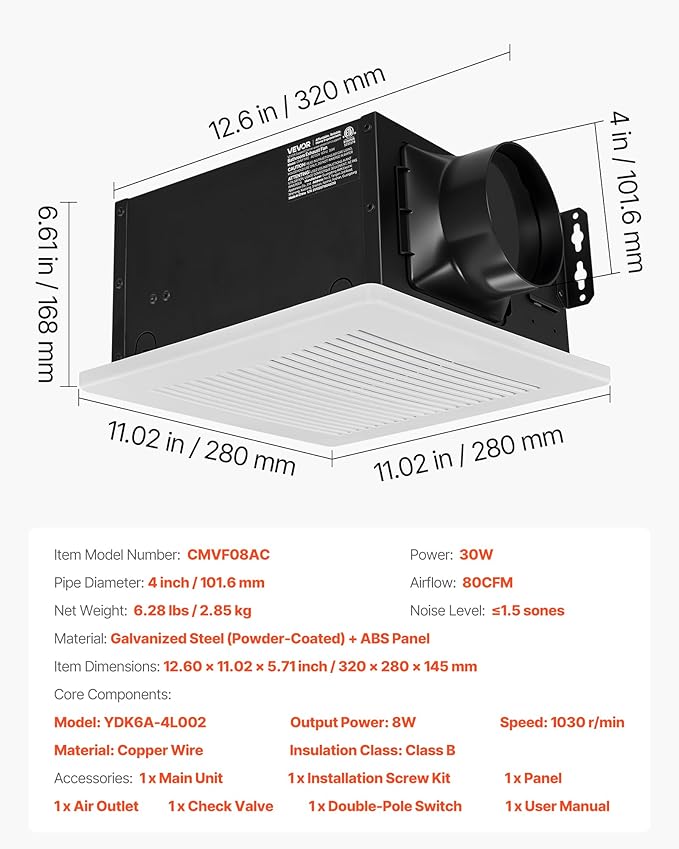 VEVOR Bathroom Exhaust Fan, 80 CFM Bathroom Vent, Low-Noise, Premium Motor Ceiling Fan, Standard 4-inch Duct Interface for Laundry Room, Storage Room, Home Ventilation, White