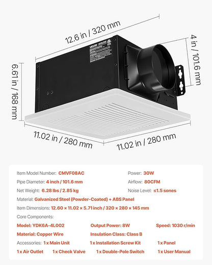 VEVOR Bathroom Exhaust Fan, 80 CFM Bathroom Vent, Low-Noise, Premium Motor Ceiling Fan, Standard 4-inch Duct Interface for Laundry Room, Storage Room, Home Ventilation, White