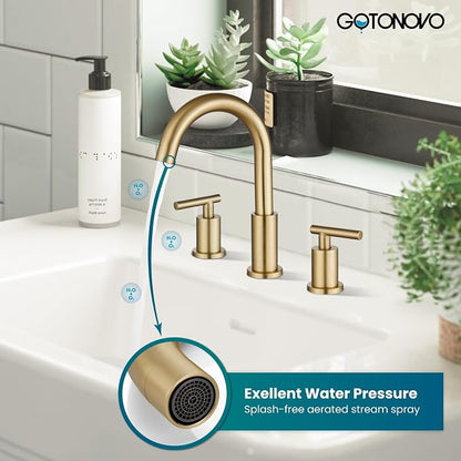 gotonovo 8 Inch Widespread 3 Hole Bathroom Sink Faucet Brushed Gold | SUS304,2 Lever Handle Bathroom Faucet,360° Swivel Spout,24’’ cUPC Hose,6-16’’ Vanity,Sink,Lavatory,Basin,RV,Pop-up Drain