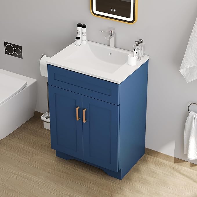 Bathroom 24" Vanity with Ceramic Sink, Wooden Double Door Bathroom Storage Cabinet, Freestanding Cabinet Vanity with Sink (Paint, Blue,24")