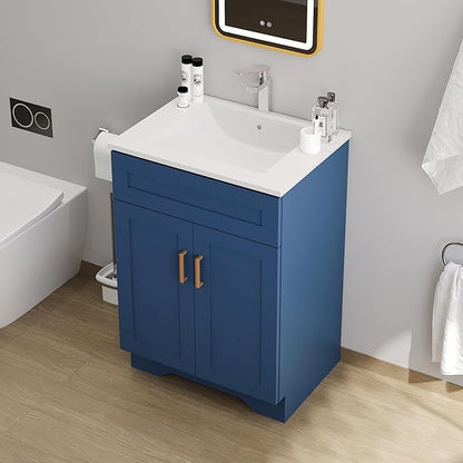 Bathroom 24" Vanity with Ceramic Sink, Wooden Double Door Bathroom Storage Cabinet, Freestanding Cabinet Vanity with Sink (Paint, Blue,24")