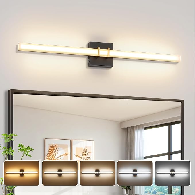 Modern Black and Brass Vanity Light Bar 32 Inch, 24W 5CCT Dimmable Bathroom Light Fixtures LED Wall Lighting Fixture