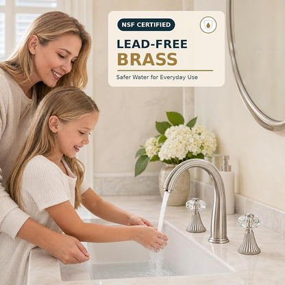3 Hole Brushed Nickel Crystal Sink Vanity 8 Inch Brass 2 Handles 2 Tone Widespread Modern Unique 3 Piece Bathroom Sink Faucets, Antique Lavabo Faucet, Vintage Lavatory Vessel Luxury Mixer Tap