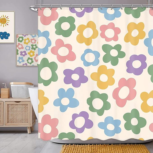 Sanzugh Cute Pastel Flower Shower Curtain, Boho Retro Floral 70S Aesthetic Fabric Shower Curtains Set for Girls Kids Bathroom Groovy Pink Floral Funky Decoration with Hooks 72 X 72 Inch Bath Decor