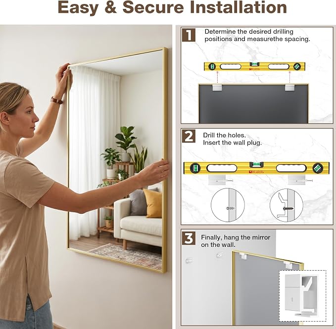 MZON 20" x 30" Brushed Gold Bathroom Vanity Mirror, Mirror for Over Sink | Aluminum Alloy Frame, Clear Reflection, Rust-Resistant, Vertical or Horizontal, Wall Mount, Bedroom and Entryway