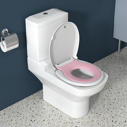 17" Round Pink Toilet Seat for Adult and Child, Built-In Potty Training Seat with Soft Quiet Close Non-Slip Design, Magnetic Kids Seat and Cover for Round Toilets, Easy to Install and Clean