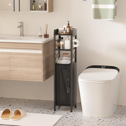 VECELO Small Bathroom Cabinet,Slim Toilet Paper Holder with Door&2 Shelves, Upgraded Narrow Storage Organizer for Restroom Bathroom Tiny Space,Metal Scroll Fenced Top Waterproof Coating,Black
