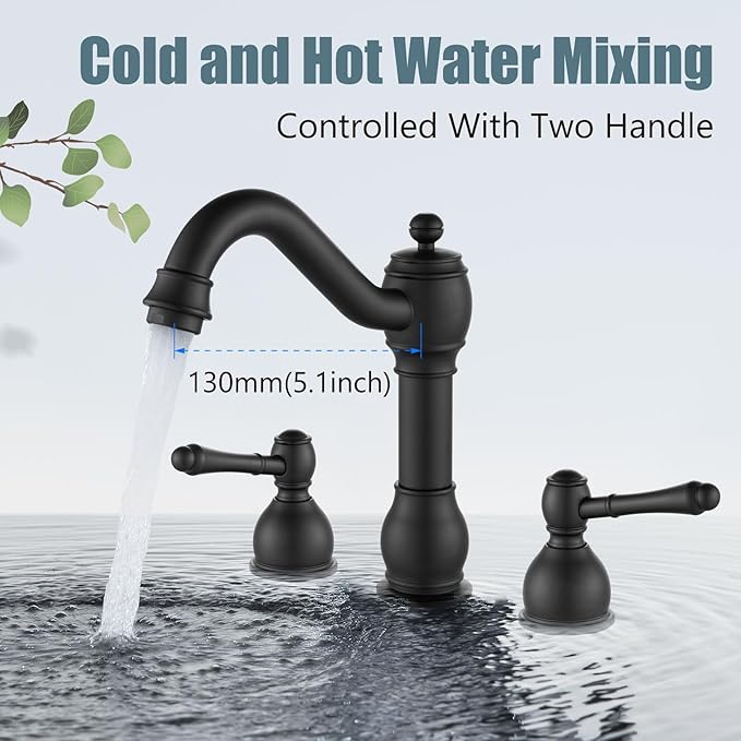 Aolemi 8 Inch Widespread Bathroom Sink Faucet 3 Hole Deck Mount Vanity Basin Mixer Tap with Pop Up Drain Assembly Matte Black Double Lever Handle