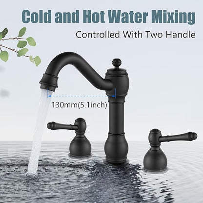 Aolemi 8 Inch Widespread Bathroom Sink Faucet 3 Hole Deck Mount Vanity Basin Mixer Tap with Pop Up Drain Assembly Matte Black Double Lever Handle