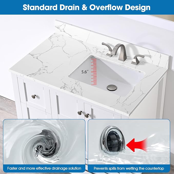 36 Inch Engineered Stone Bathroom Vanity Sink Top, with Undermount Rectangular Right Side Sink, Vanity Countertop with 8 inch Faucet Hole Spacing and Backsplash in Lightning White