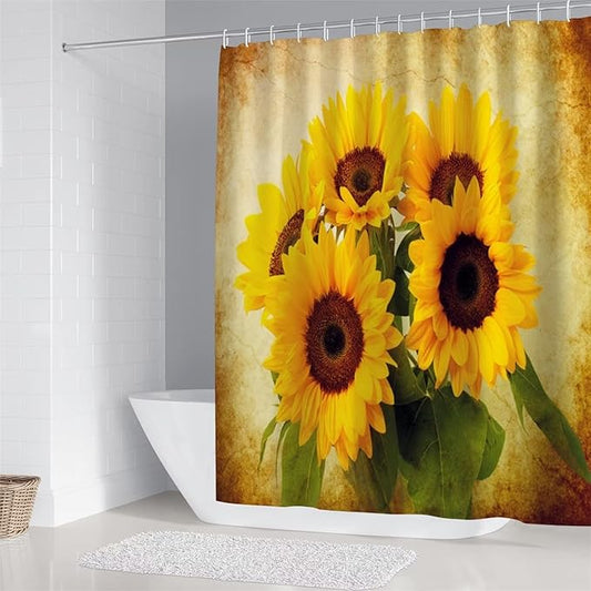AZHM Sunflower Shower Curtain Sets with Rugs 4 Piece Flower Floral Decor for Bathroom Toilet Bathroom Mat, Curtain and 12 Hooks
