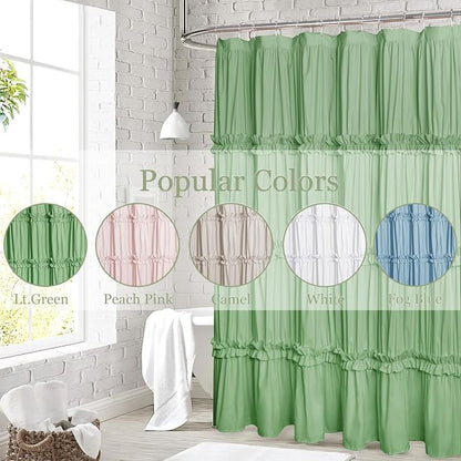 Farmhouse Ruffle Shower Curtain, Light Green, 72 x 72 in | Decorative Elegant Bathroom Curtain with 12 Holes, Soft Ruched Microfiber Fabric, Vintage Handmade Design