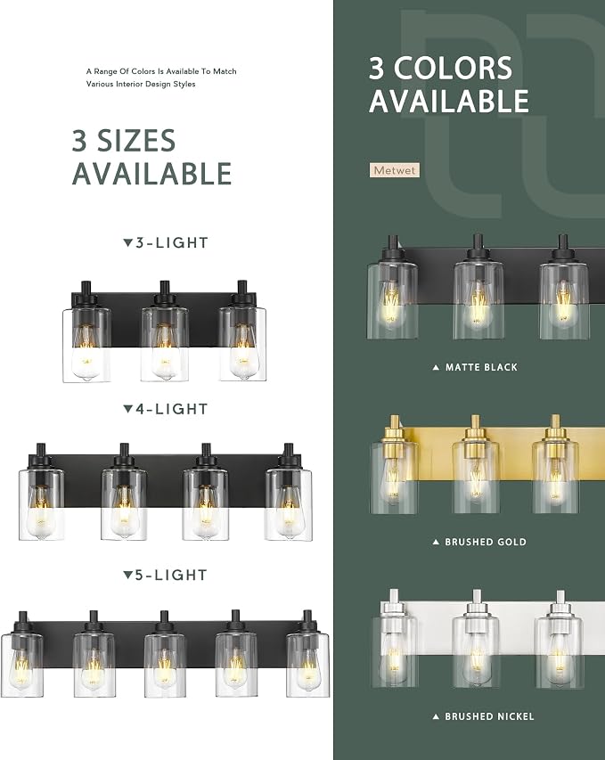 3-Light Bathroom Light Fixtures, Black Vanity Light with Cylinder Clear Glass Shade, Modern Vanity Lighting Fixtures Over Mirror, VL143-MB-3 | 16.5" modern bathroom light fixtures over mirror, E26 base, bulbs not included, VL143-MB-3