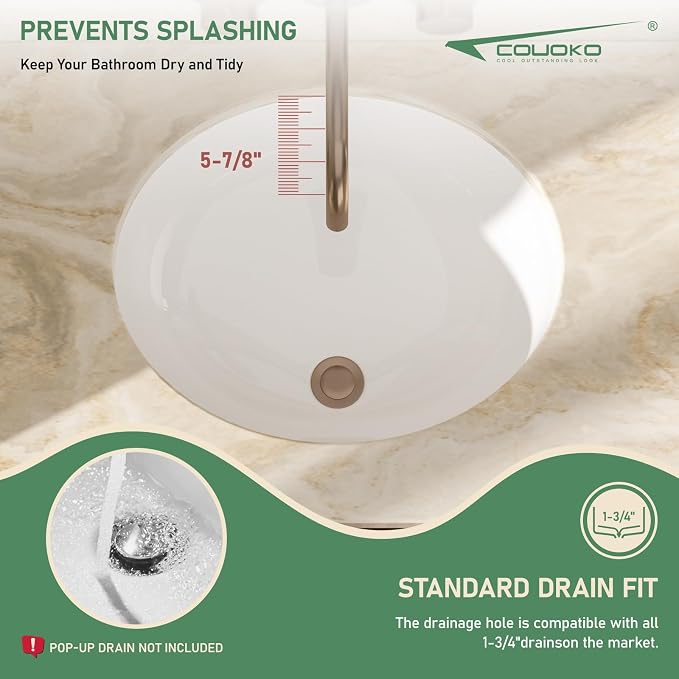18x15 Inch White Oval Undermount Bathroom Sink | Interior Bowl Size 16"W x 13"D, Ceramic, Curved Bottom, Easy to Clean, with Overflow, Ideal for Bathroom, Lavatory, Vanity