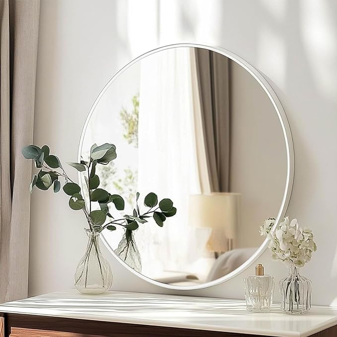 Round Mirror, 26 inch White Circle Mirror, White Metal Frame Circular | High Definition,Waterproof,Rust-resistant,Round Mounted Mirrors for Bathroom,Living Room,Bedroom,Hallyway,Vanity,Wall Décor