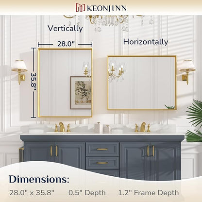 Keonjinn 28x36 Inch Gold Bathroom Mirror for Over Sink, Vanity Mirror | HD Tempered Glass, Rectangular, Brushed Framed, Square Corner, Modern Farmhouse, Wall Mounted Mirrors, Aluminum Alloy