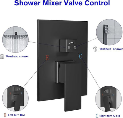 Lordear Rain Shower System 12 Inch Shower Head Faucet Set Matte Black Stainless Steel Square Wall Mounted Rainfall Shower Head with Handheld, Solid Brass Valve Included