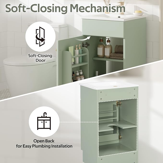Christopher Knight Home Doreen 18" Bathroom Vanity with Ceramic Sink, Bathroom Vanity Cabinet with Adjustable Shelf, Wooden Bathroom Storage Cabinet, Pedestal Sink with Storage, Mint Green
