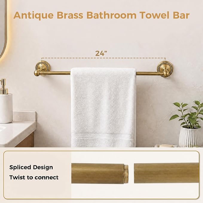 Antique Brass Bathroom Hardware Set, 4 Pieces Vintage Brass Bathroom Kit Accessories Sets Includes 24-inch Towel Bar, Towel Ring, Robe Hook & Toilet Paper Holder, Wall Mounted