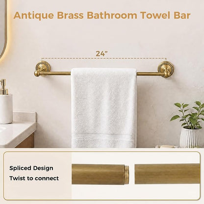 Antique Brass Bathroom Hardware Set, 4 Pieces Vintage Brass Bathroom Kit Accessories Sets Includes 24-inch Towel Bar, Towel Ring, Robe Hook & Toilet Paper Holder, Wall Mounted