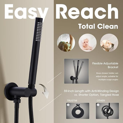TRUSTMI 12" Pressure Balance Rain Shower System with Handheld, Matte Black | Rain shower faucet with cUPC valve and handheld spray. Prevents scalding, ideal for safe modern bathroom upgrades