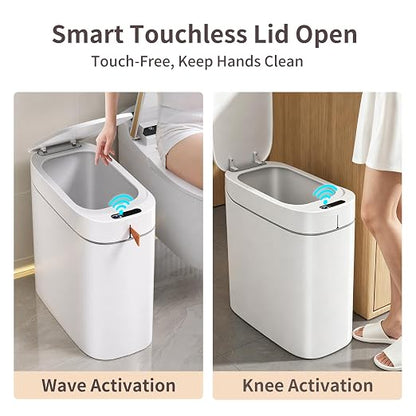 Touchless Bathroom Trash Can, 3.5 Gallon Small Slim Motion Sensor Automatic Garbage Bin with Lid, Rechargeable with Auto Bag Adsorption & One-Pull Sealing Trash Bin for Kitchen, Bedroom Office RV