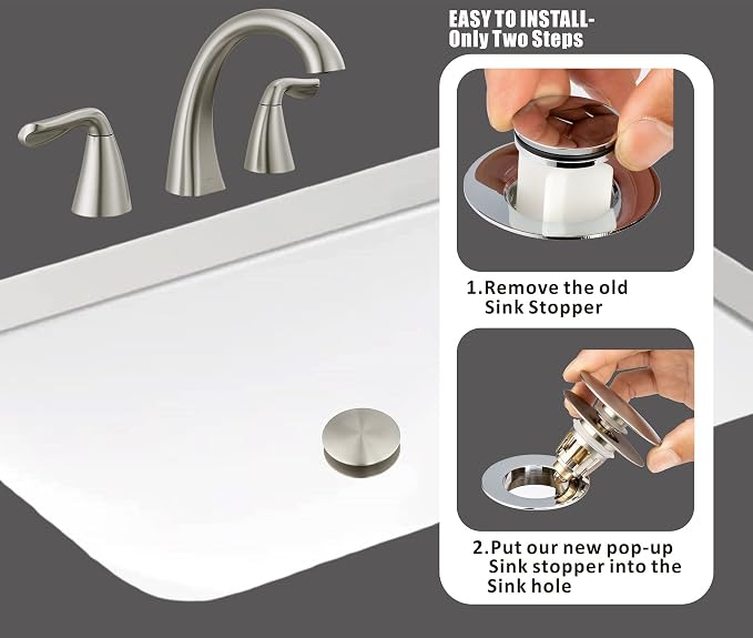 Universal Bathroom Sink Drain Stopper, Fits Most Pop-Up Drains for Vessel Sink Lavatory Vanity, Sink Drain Strainer with Detachable Hair Catcher, Tested by Plumber in US (Brushed Nickel)