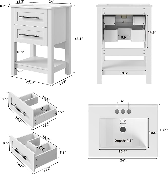 LIKIMIO 24" Bathroom Vanity with Sink, 2 Drawers & Open Shelf, White | Freestanding Bathroom Vanity, Integrated Ceramic Sink, U-Shaped Drawers, Modern Bathroom Storage Cabinet, Easy Assembly