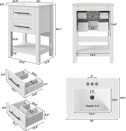 LIKIMIO 24" Bathroom Vanity with Sink, 2 Drawers & Open Shelf, White | Freestanding Bathroom Vanity, Integrated Ceramic Sink, U-Shaped Drawers, Modern Bathroom Storage Cabinet, Easy Assembly
