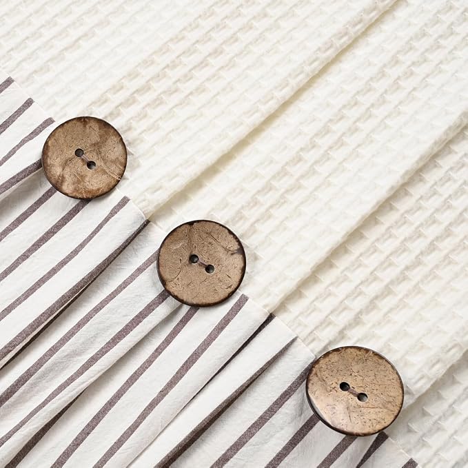 DOSLY IDÉES Farmhouse Shower Curtain, Beige and Brown Striped, Button Curtain, Spa Waffle and Cotton Woven Fabric, Rustic Charm Country Chic Style, 72x96 in
