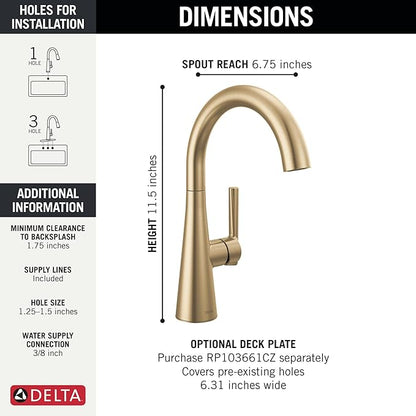 Delta Modern Brushed Gold Single Hole Bar Sink Faucet, Single Handle Prep Sink Faucet, Champagne Bronze 14882LF-CZ
