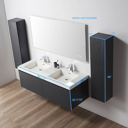 Blossom 60 Inch Double Sink Bathroom Vanity with Side Cabinets, All Wood Wall Mounted Floating Bathroom Vanity Cabinet with Acrylic Sinks, Soft-Close Drawers, Bathroom Vanities, Night Blue
