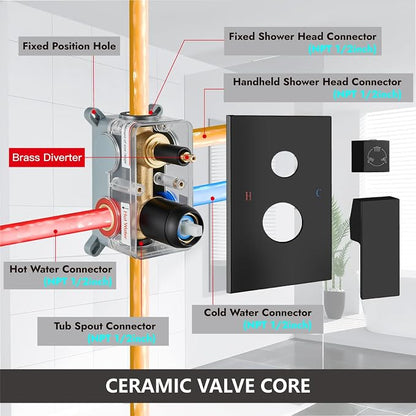 Midanya Shower System with Tub Spout,12 Inch Shower Head,Matte Black | with Valve & Trim Kit,Square Rain Head,Handheld Sprayer,Waterfall Spout,All Metal Wall Mount Bathroom Shower Tub Faucet Set