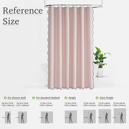 KGORGE Pink Shower Curtain Scalloped, Blush Cute Linen Textured Privacy Boho Heavy Duty Waterproof Washable Shower Curtain Set for Bathroom Home Decor with 12 Metal Hooks, 72 x 72 inches Long