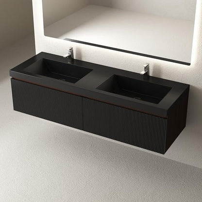 60 Inch Floating Bathroom Vanity with Double Sinks, Wall Mounted Striped Storage Cabinet, Soft Close Drawer, Black Quartz Sand Basin, Fully Assembled, Smoked Walnut Finish