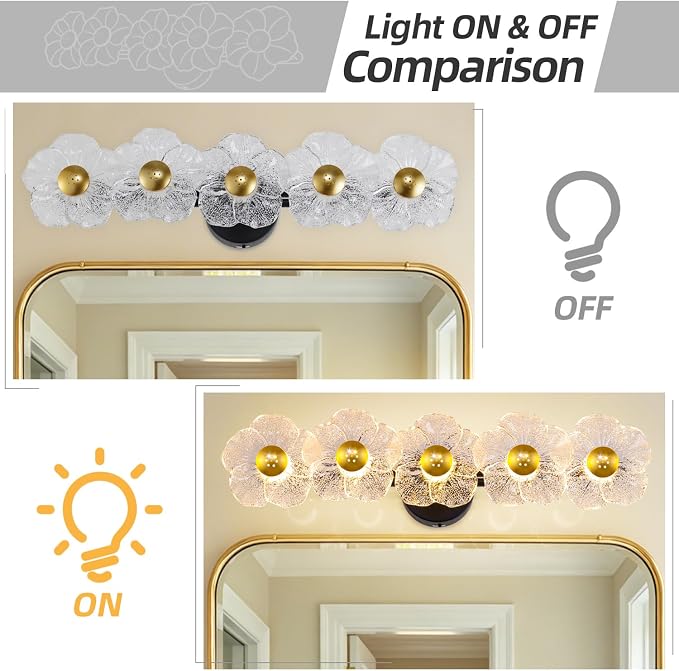 27" Bathroom Light Fixtures,Vanity Lights,Bathroom Vanity Light | 5 light,3CCT,Black Gold,LED,Daisy,Wall Sconces,Girly,Floral,Elegant,Fancy,for Restroom,Living Room,Bedroom,Mirror
