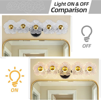 27" Bathroom Light Fixtures,Vanity Lights,Bathroom Vanity Light | 5 light,3CCT,Black Gold,LED,Daisy,Wall Sconces,Girly,Floral,Elegant,Fancy,for Restroom,Living Room,Bedroom,Mirror