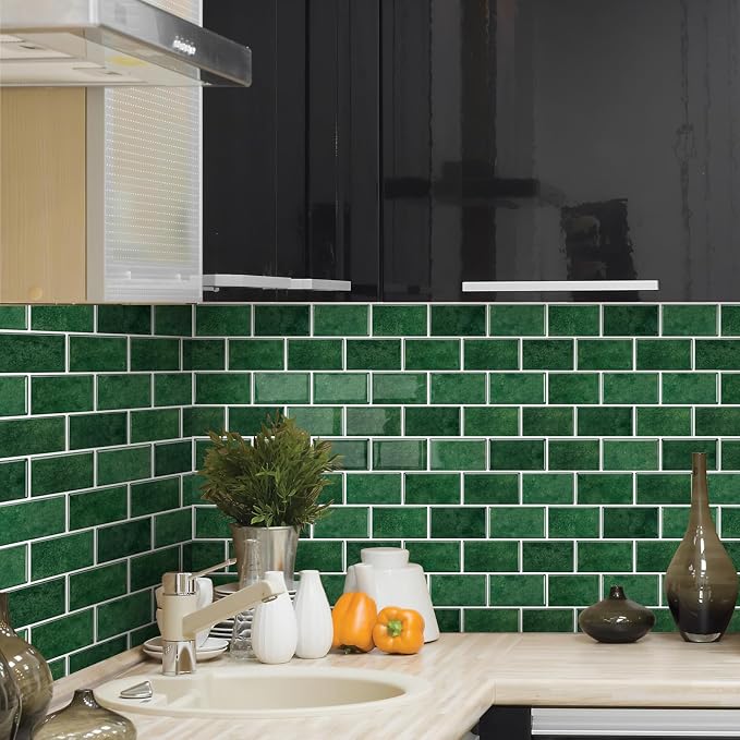 10 Sheets Thicker Design Peel and Stick Backsplash for Kitchen and Bathroom, 12"x12", Green