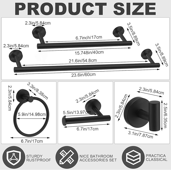 Gisafai 20 Pcs Matte Black Bathroom Accessories Hardware Set Black Towel Racks for Bathroom SUS304 Stainless Steel 23.6 Inch Towel Bar Ring Toilet Paper Holder Robe Hooks for Wall Mounted