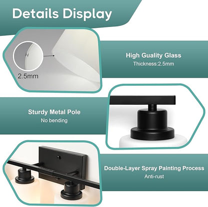 Ascher Bathroom Light Fixtures, 4-Light Vanity Light Over Mirror, Matte Black Wall Sconces with Milky White Frosted Glass Shades, Wall Lamp for Living Room Bedroom, E26 Base(Bulbs Not Included)