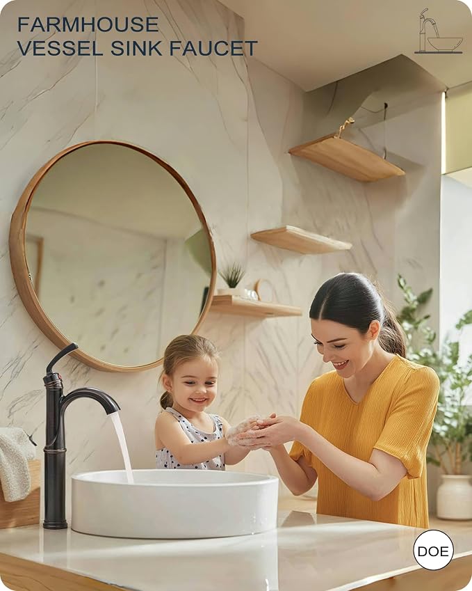 Brass Vessel Sink Faucet Oil Rubbed Bronze, 12.6 Inch Tall Bathroom Faucet 1 Hole, Single Handle with Pop Up Drain, cUPC Supply Line and Aerator for Farmhouse, Countertop Basin, 5 Mins Install