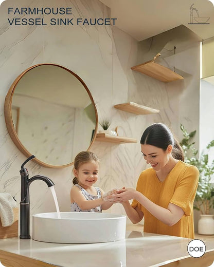Brass Vessel Sink Faucet Oil Rubbed Bronze, 12.6 Inch Tall Bathroom Faucet 1 Hole, Single Handle with Pop Up Drain, cUPC Supply Line and Aerator for Farmhouse, Countertop Basin, 5 Mins Install