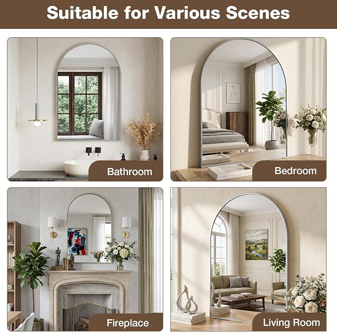 22"x30" Brushed Nickel Arched Vanity Bathroom Mirror, Set of 2 | Aluminum Alloy Frame, Clear Reflection, Rust-Resistant, Vertical or Horizontal, Wall Mount, Bedroom and Entryway