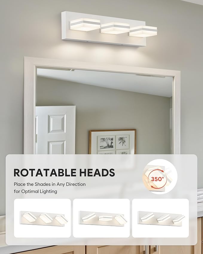 VONLUCE LED Modern Bathroom Vanity Light Fixture, Matte White | 18'', 3-Light, 3CCT, 360° Rotate, High CRI, Flicker-free, Dimmable, Memory Function, Waterproof IP44, Easy Installation
